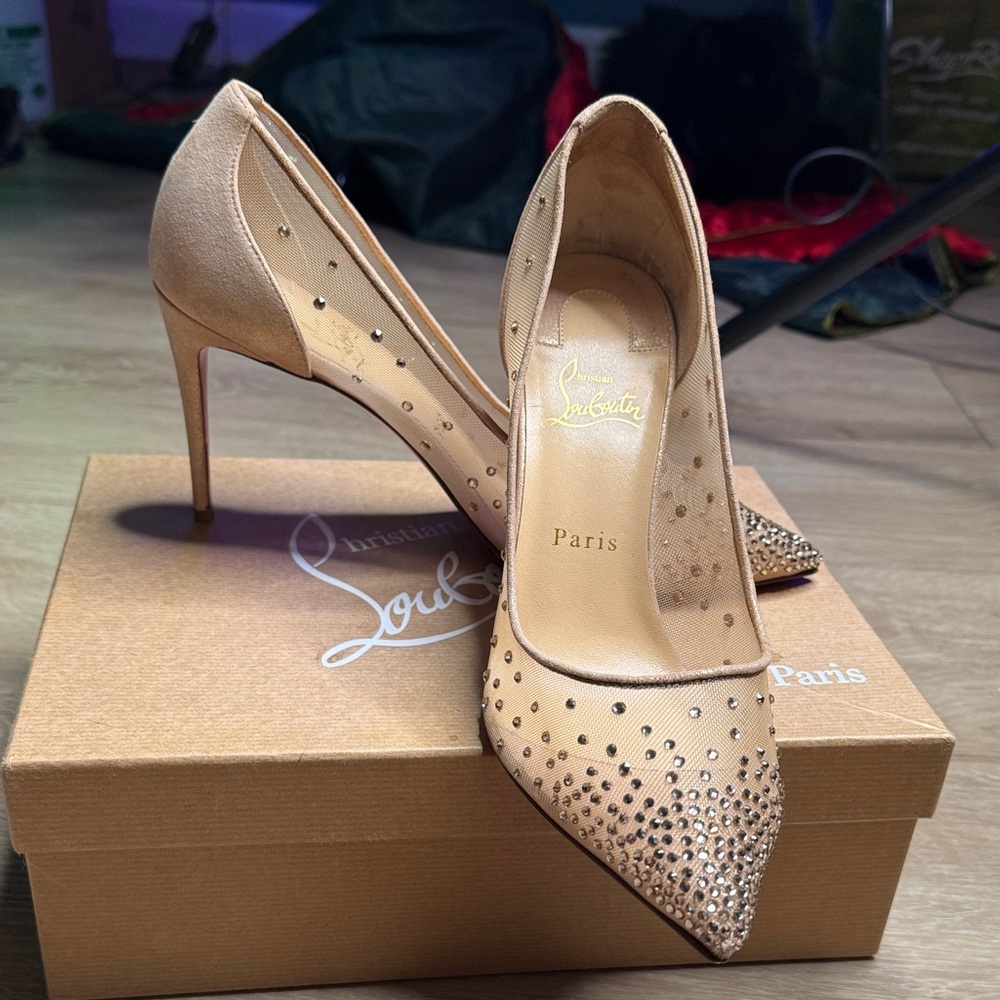 Christian Louboutin Follies Strass 85 | Nude Suede Lame | Worn Once - Picture 5 of 11
